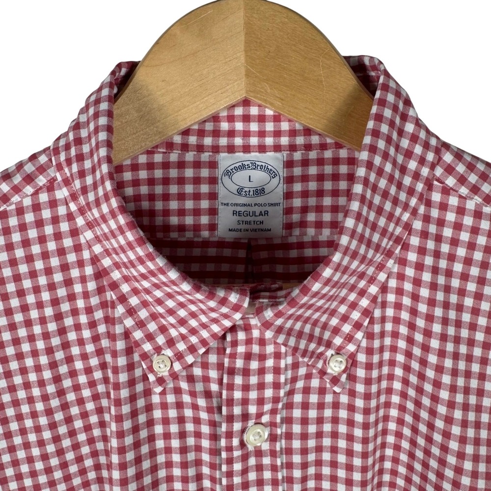 Brooks Brothers Gingham Regular Fit Stretch Button Down Shirt Mens L Red